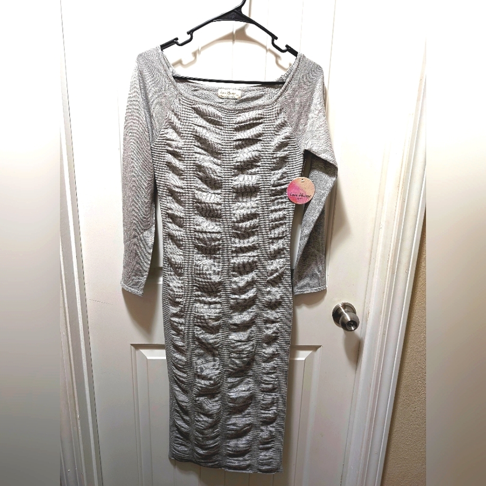NEW Mock Neck Long Sleeve Midi Sweater Dress Large Grey Bodycon Stretch Knit NWT